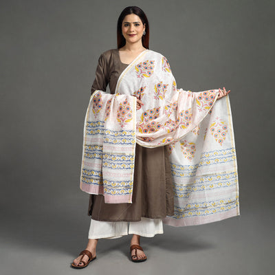White - Handloom Chanderi Silk Sanganeri Print Dupatta 06