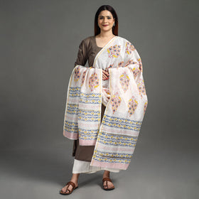White - Handloom Chanderi Silk Sanganeri Print Dupatta 06