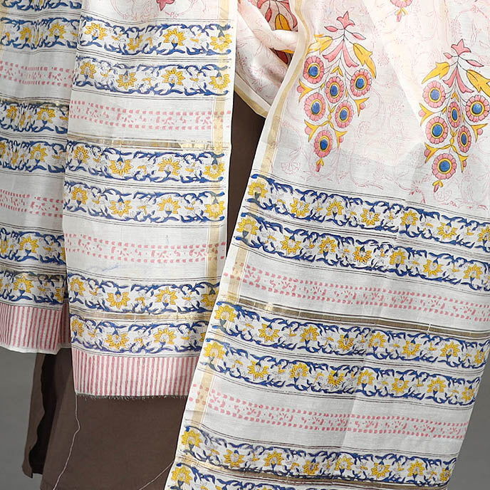 White - Handloom Chanderi Silk Sanganeri Print Dupatta 06