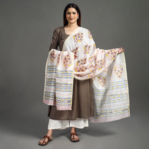 White - Handloom Chanderi Silk Sanganeri Print Dupatta 06