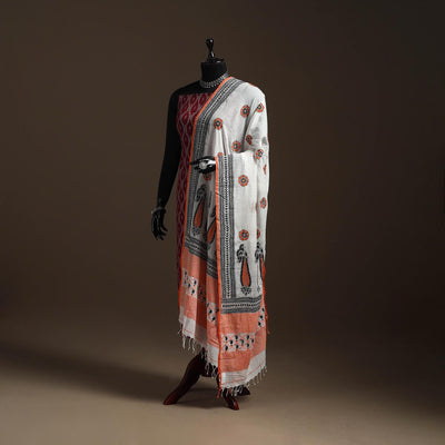 White - handloom cotton bengal hand kantha work dupatta 15