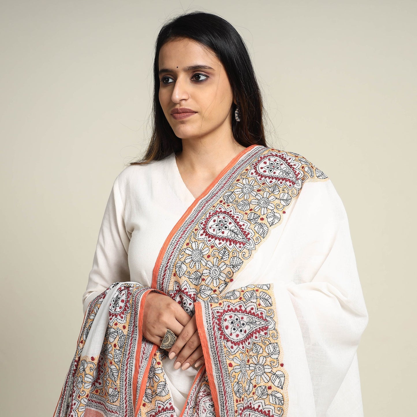 White - Bengal Kantha Embroidered Cotton Handloom Dupatta