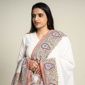 White - Bengal Kantha Embroidered Cotton Handloom Dupatta