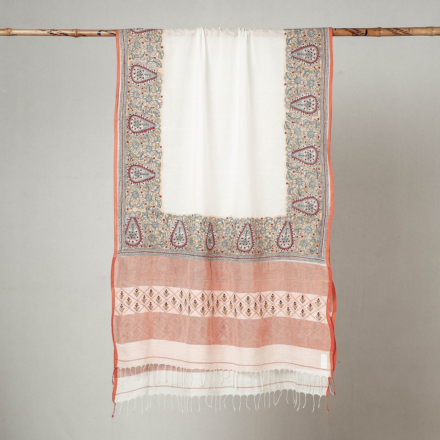 White - Bengal Kantha Embroidered Cotton Handloom Dupatta