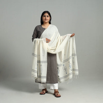 Buy White Handloom Cotton Burdwan Jamdani Dupatta Online