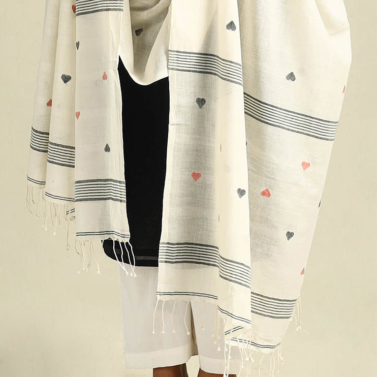 White Handloom Cotton Burdwan Jamdani Dupatta