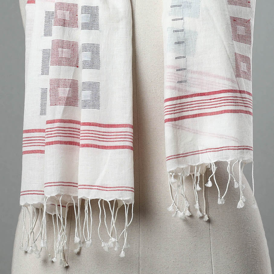White- handloom cotton burdwan jamdani stole with tassels