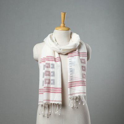 White- handloom cotton burdwan jamdani stole with tassels