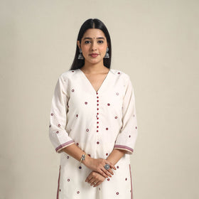 Handloom Cotton Mirror Work White Straight Mangalagiri Kurta for Women