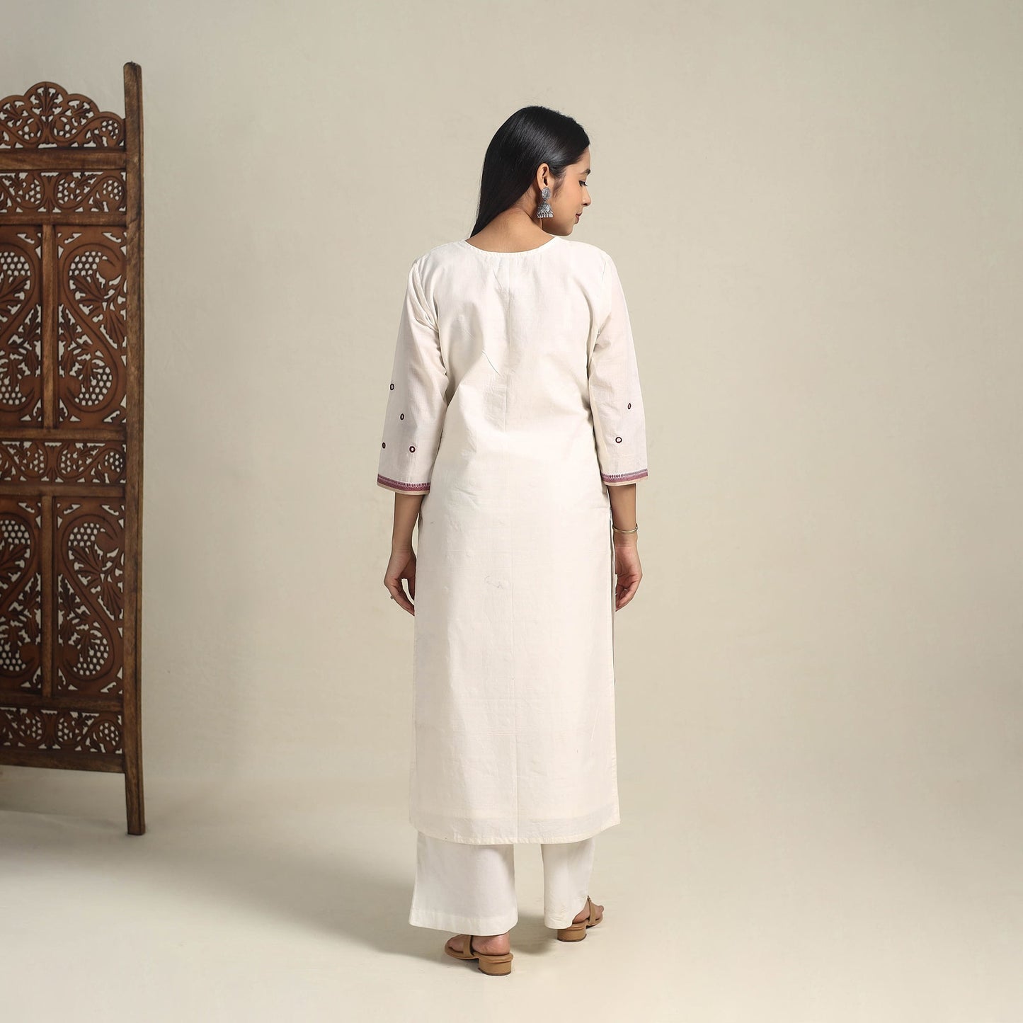 Handloom Cotton Mirror Work White Straight Mangalagiri Kurta for Women