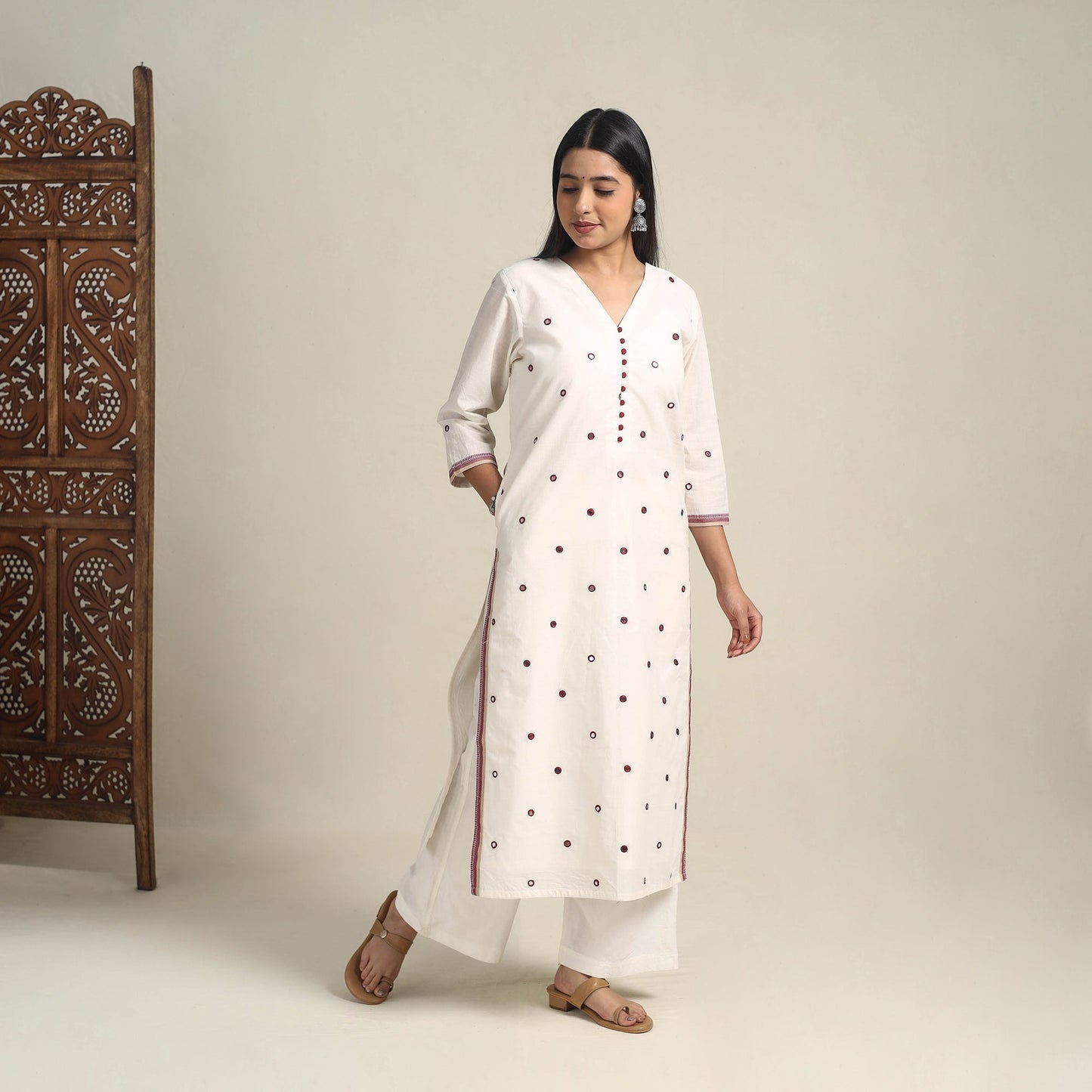 Handloom Cotton Mirror Work White Straight Mangalagiri Kurta for Women