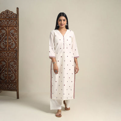 Handloom Cotton Mirror Work White Straight Mangalagiri Kurta for Women
