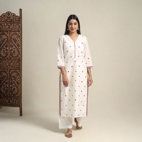 Handloom Cotton Mirror Work White Straight Mangalagiri Kurta for Women