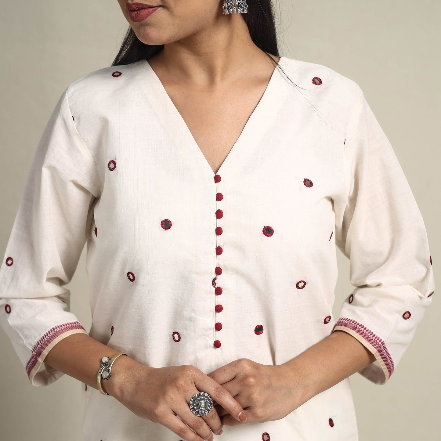 Handloom Cotton Mirror Work White Straight Mangalagiri Kurta for Women