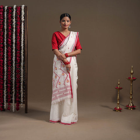 White Handloom Cotton Phulia Jamdani Saree