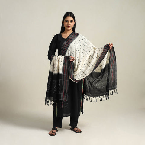  White Handloom Cotton Pochampally Double Ikat Dupatta