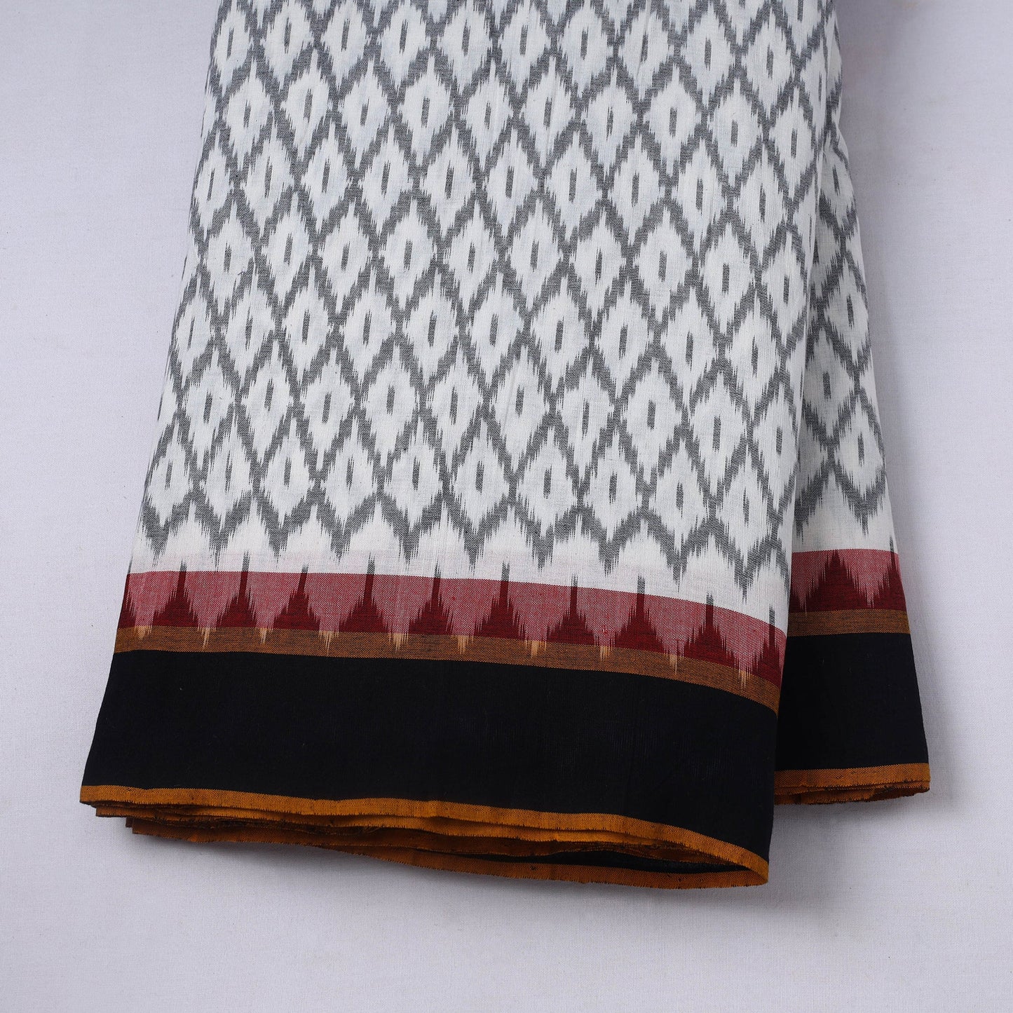  White Handloom Cotton Pochampally Double Ikat Fabric