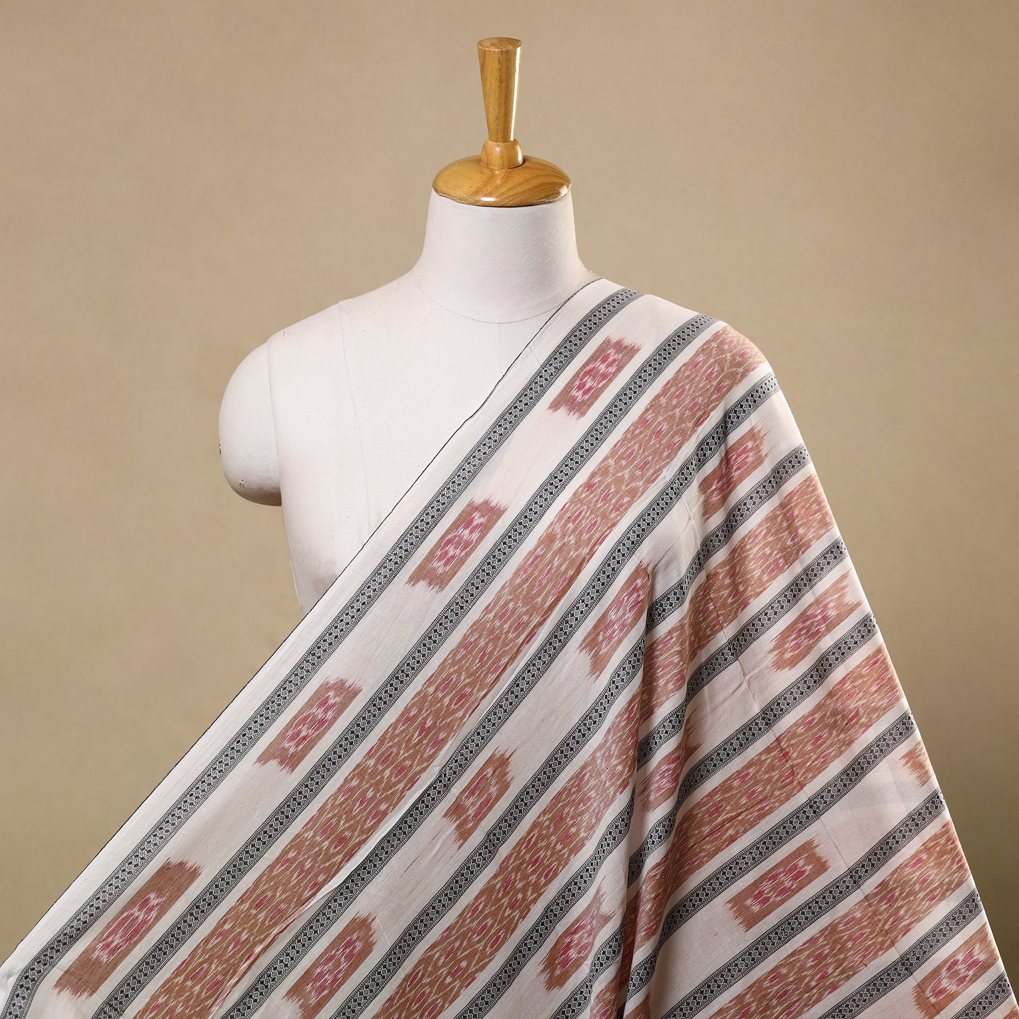 White - Sambalpuri Ikat Handloom Cotton 2pc Unstitched Dress Material with Jewellery Set 14