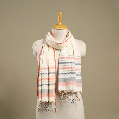 White Handloom Cotton Srikakulam Jamdani Stole with Tassels