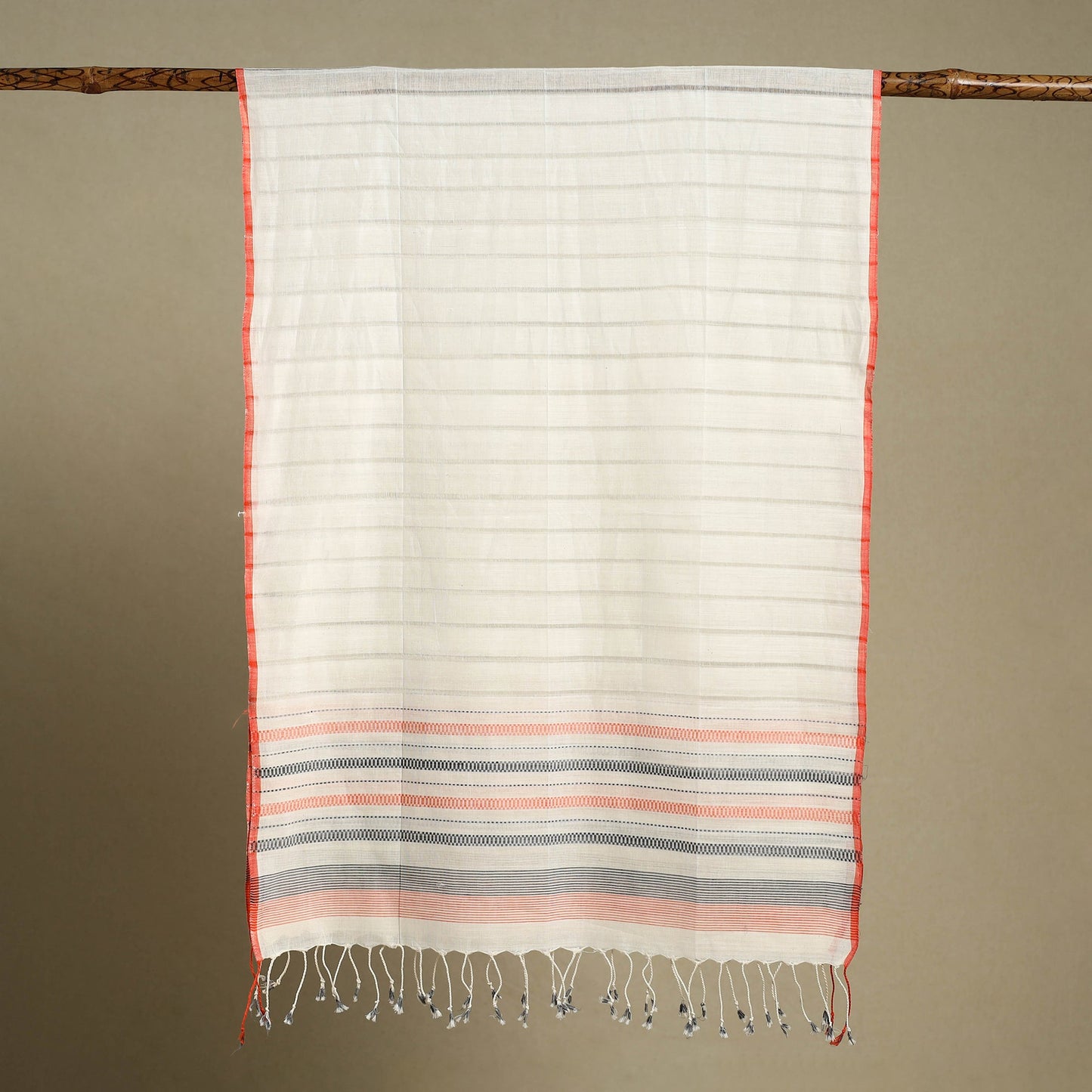 White Handloom Cotton Srikakulam Jamdani Stole with Tassels