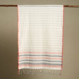 White Handloom Cotton Srikakulam Jamdani Stole with Tassels