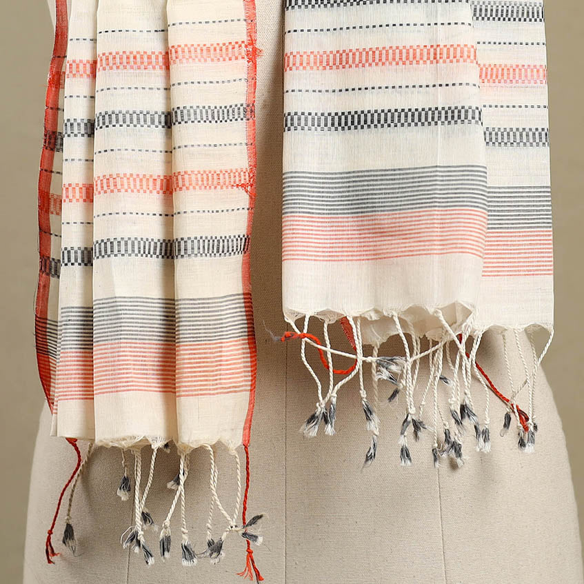 White Handloom Cotton Srikakulam Jamdani Stole with Tassels