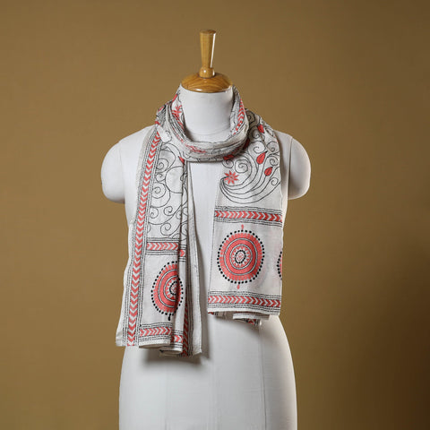 White - handloom tussar silk bengal kantha work stole 04