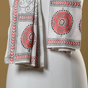 White - handloom tussar silk bengal kantha work stole 04