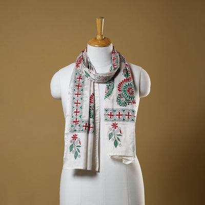 White - handloom tussar silk bengal kantha work stole 08