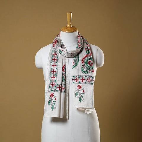 White - handloom tussar silk bengal kantha work stole 08