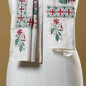 White - handloom tussar silk bengal kantha work stole 08