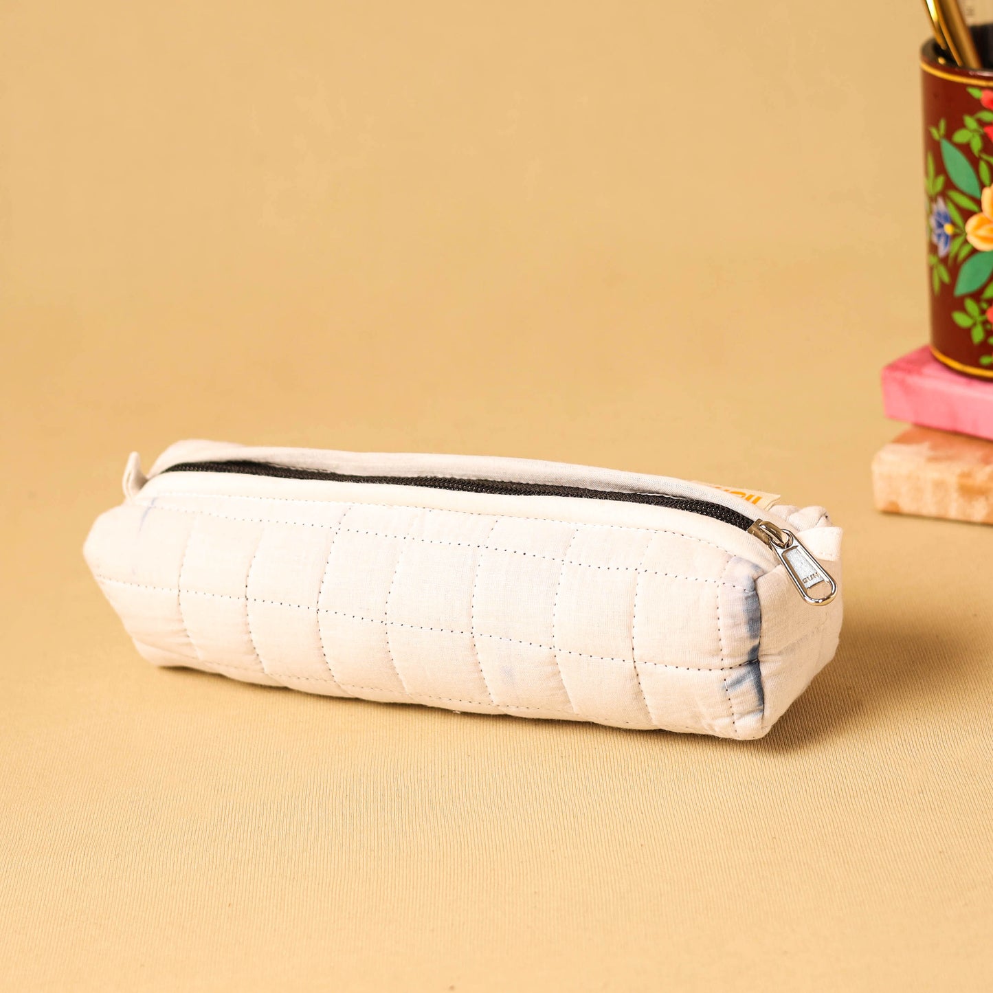 White - handmade cotton quilted pencil pouch 01