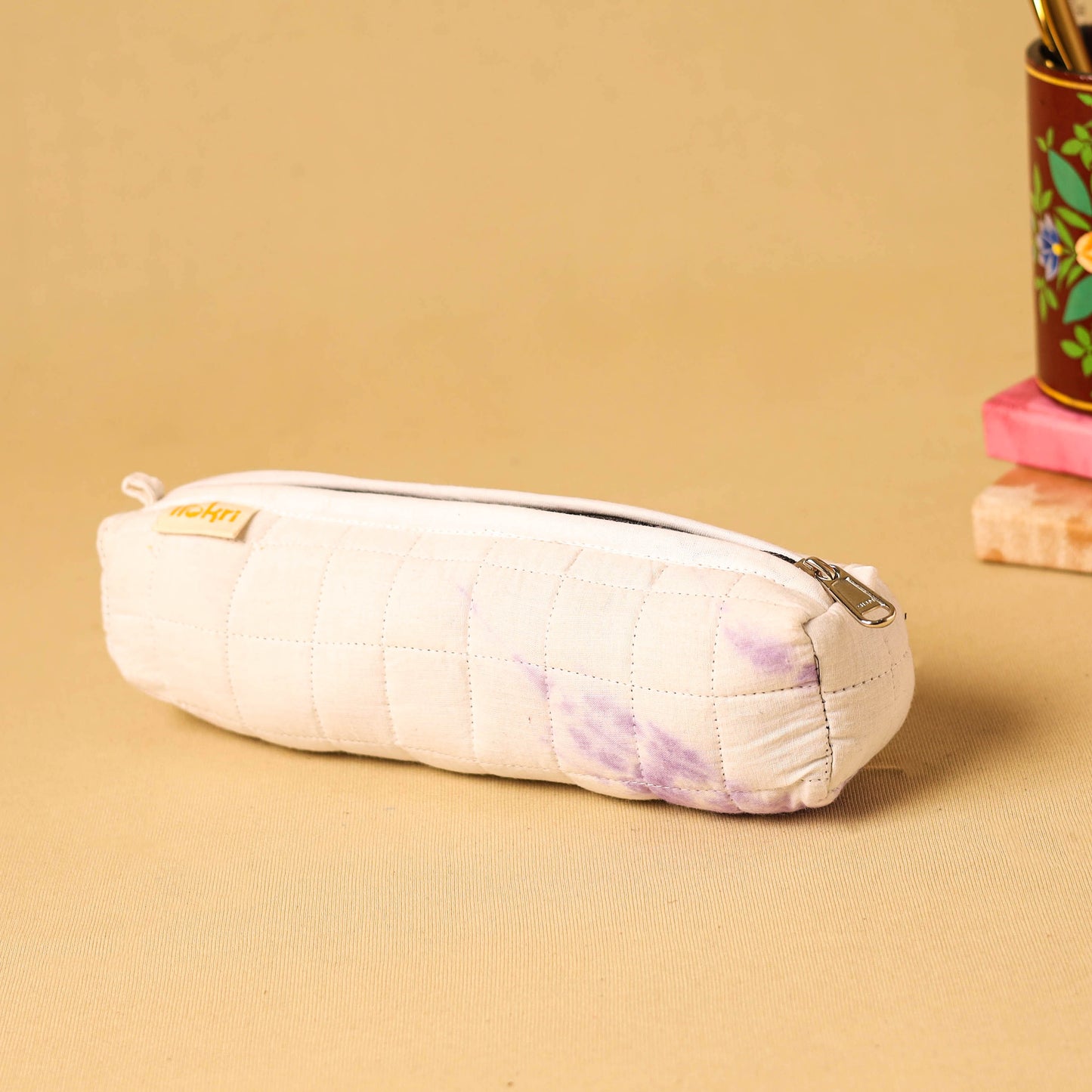 White - handmade cotton quilted pencil pouch 08