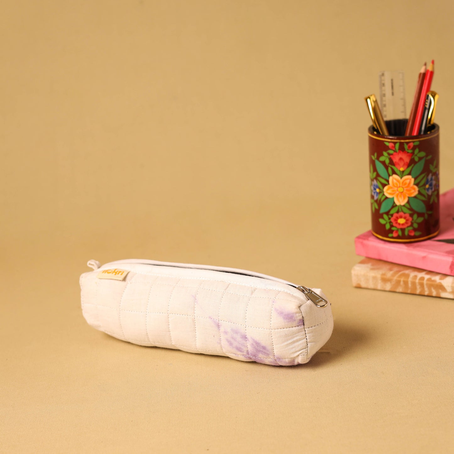 White - handmade cotton quilted pencil pouch 08