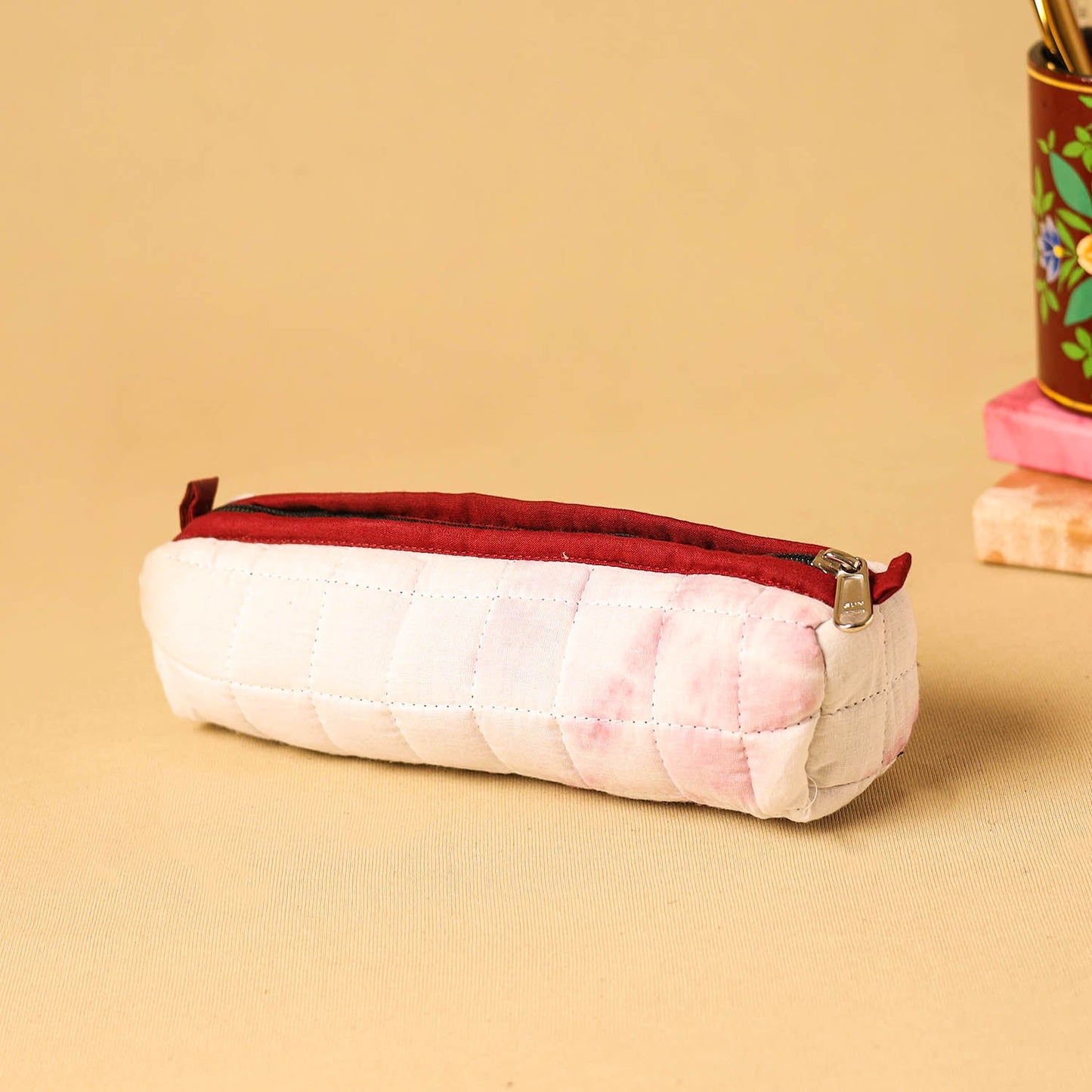 White - handmade cotton quilted pencil pouch 10