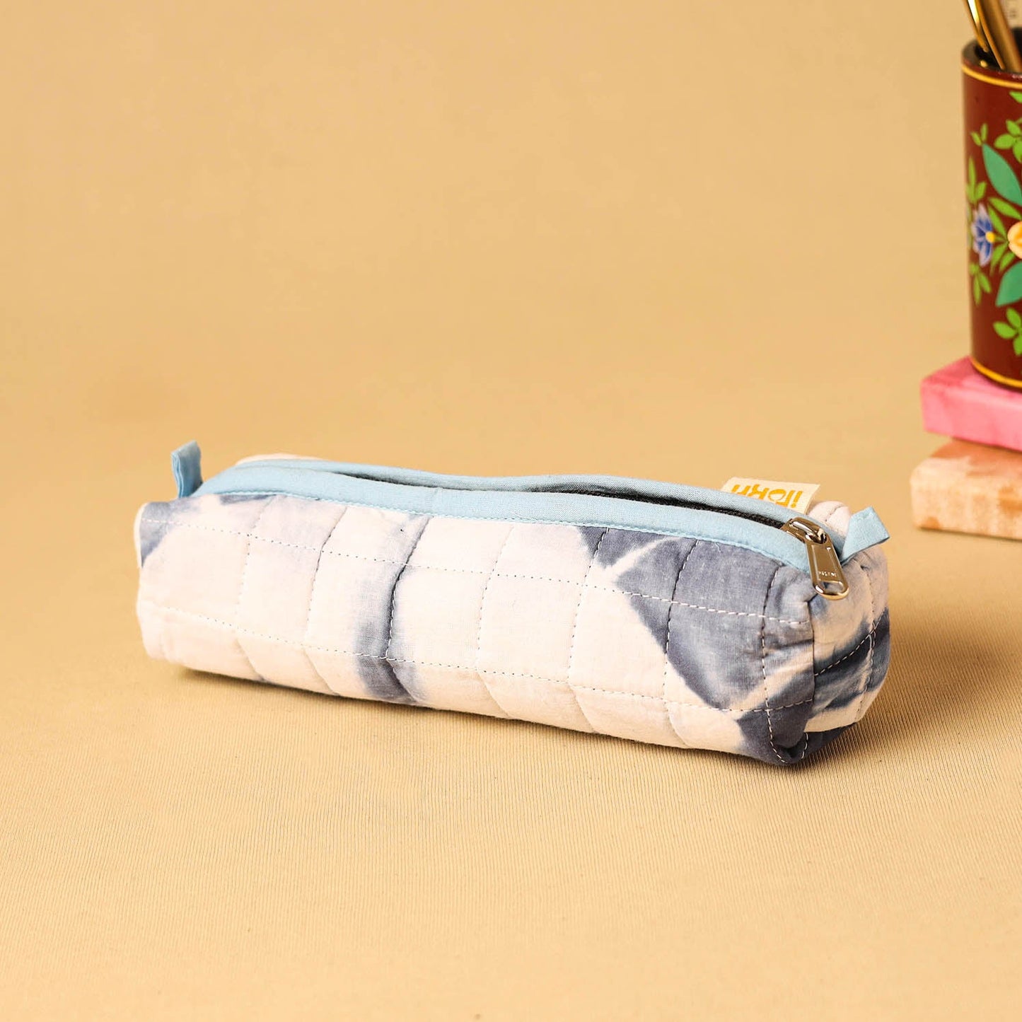 White - handmade cotton quilted pencil pouch 16
