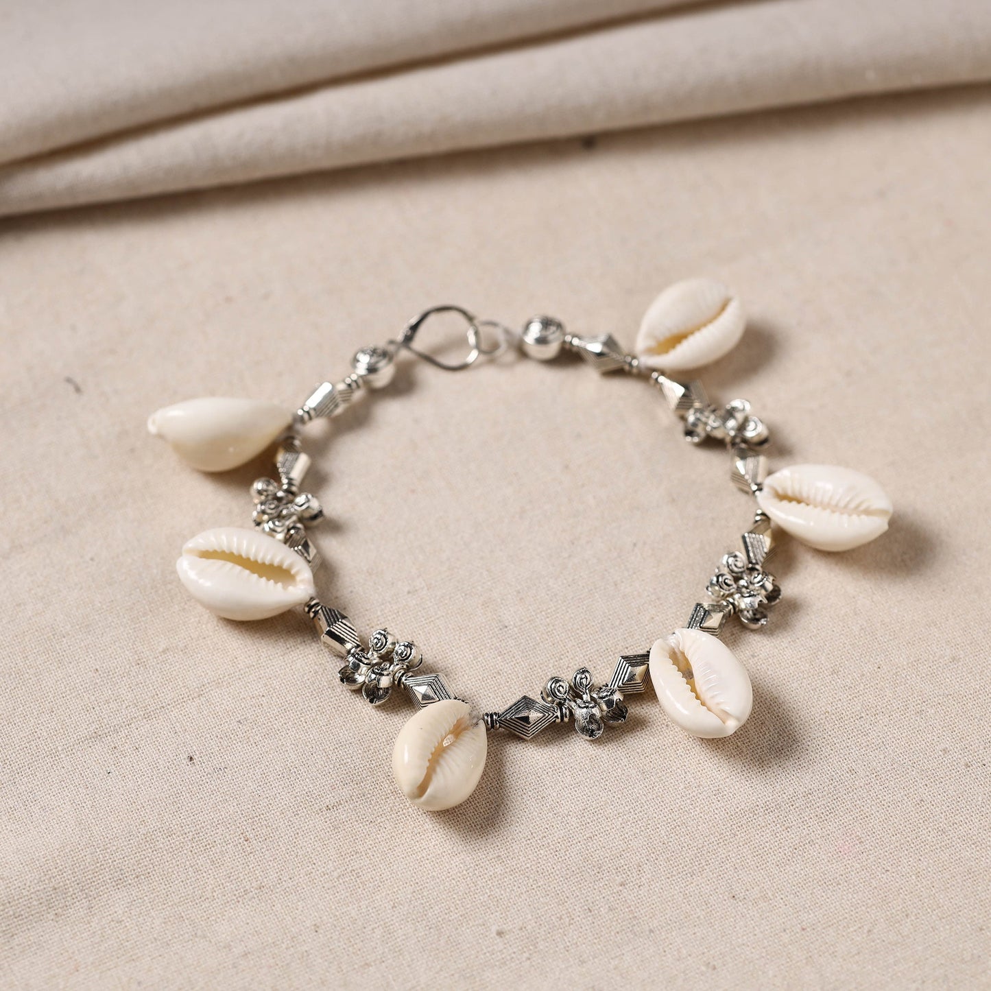 Handmade Oxidised Silver Beaded Anklet with Shellwork 