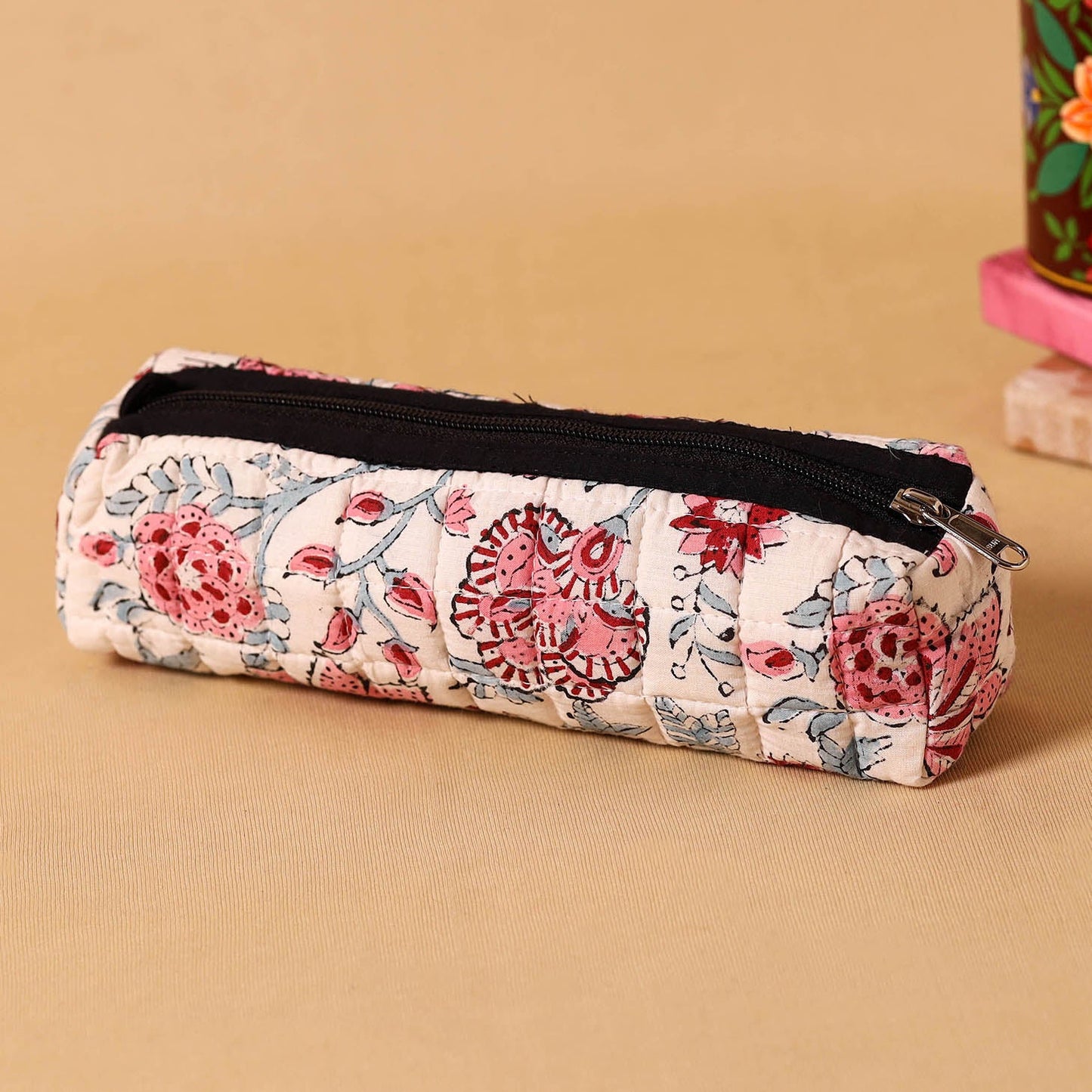 White Handmade Quilted Cotton Pencil Pouch