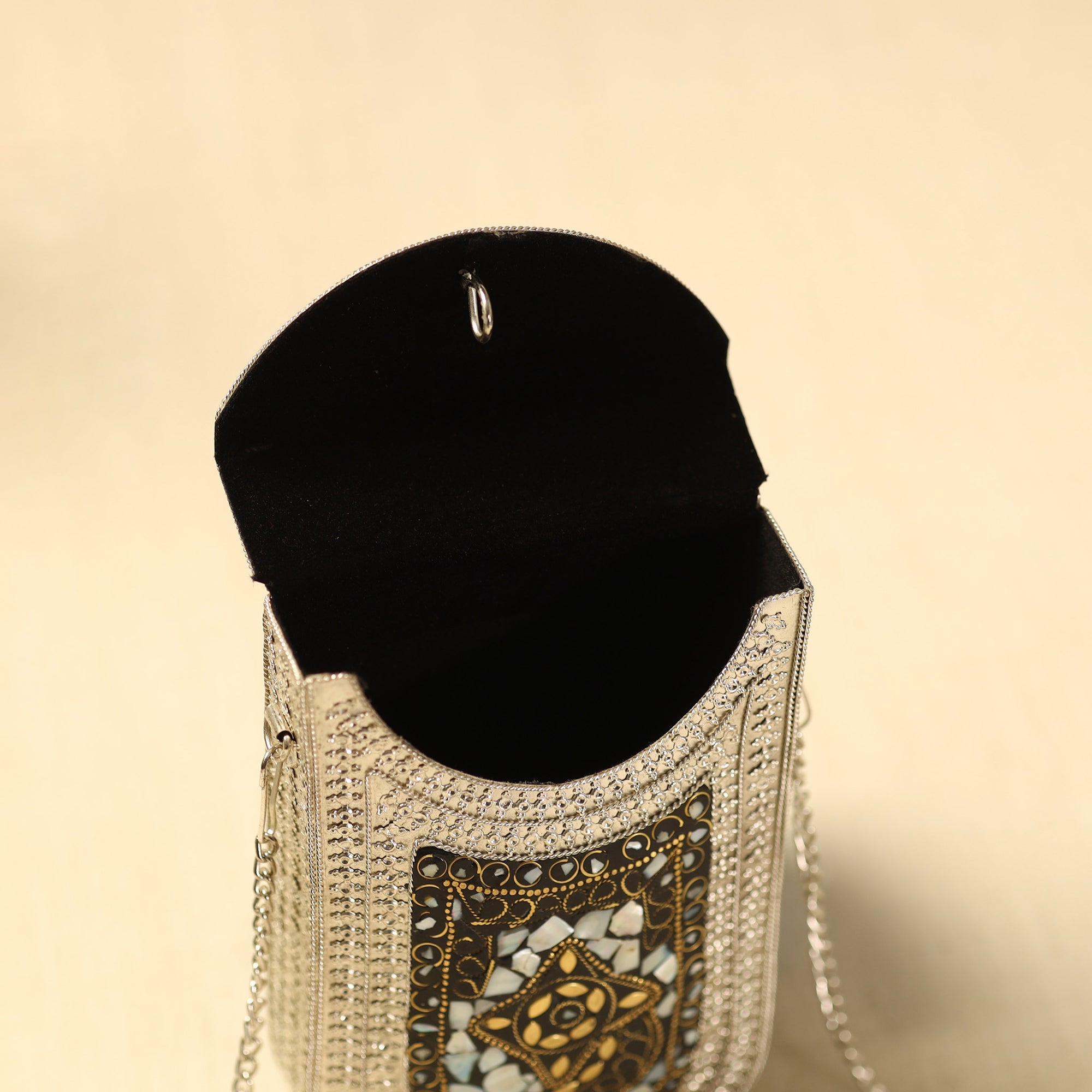 White Handmade Vintage Metal & Mosaic Stone Clutch / Sling Bag 