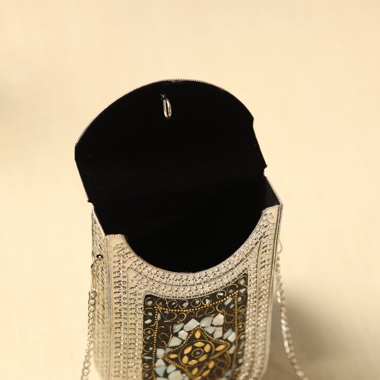 White Handmade Vintage Metal & Mosaic Stone Clutch / Sling Bag 