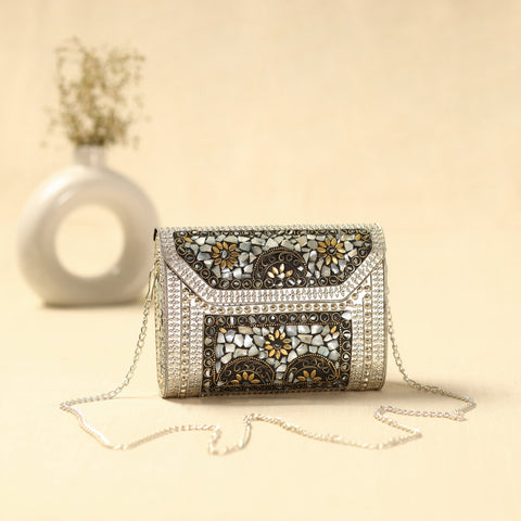White Handmade Vintage Metal & Mosaic Stone Clutch / Sling Bag 