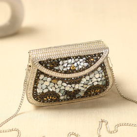 White Handmade Vintage Metal & Mosaic Stone Clutch / Sling Bag 