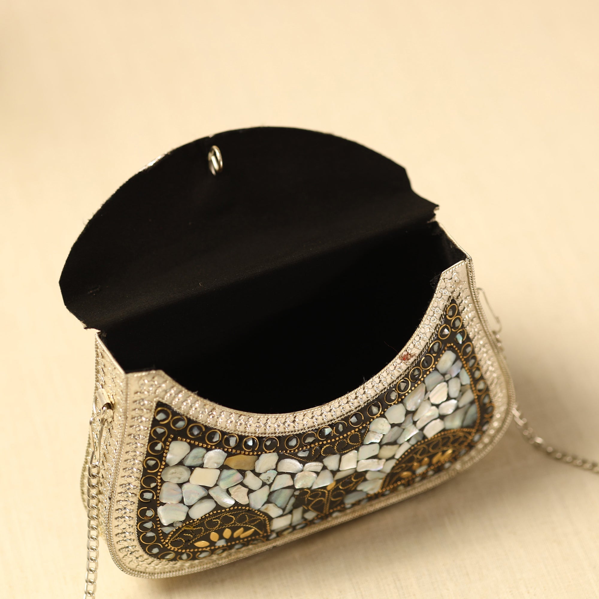 White Handmade Vintage Metal & Mosaic Stone Clutch / Sling Bag 