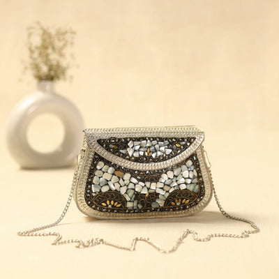 White Handmade Vintage Metal & Mosaic Stone Clutch / Sling Bag 