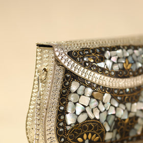 White Handmade Vintage Metal & Mosaic Stone Clutch / Sling Bag 