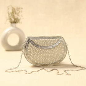 White Handmade Vintage Metal & Mosaic Stone Clutch / Sling Bag 