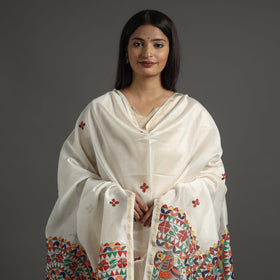 White - handpainted chanderi silk handloom madhubani