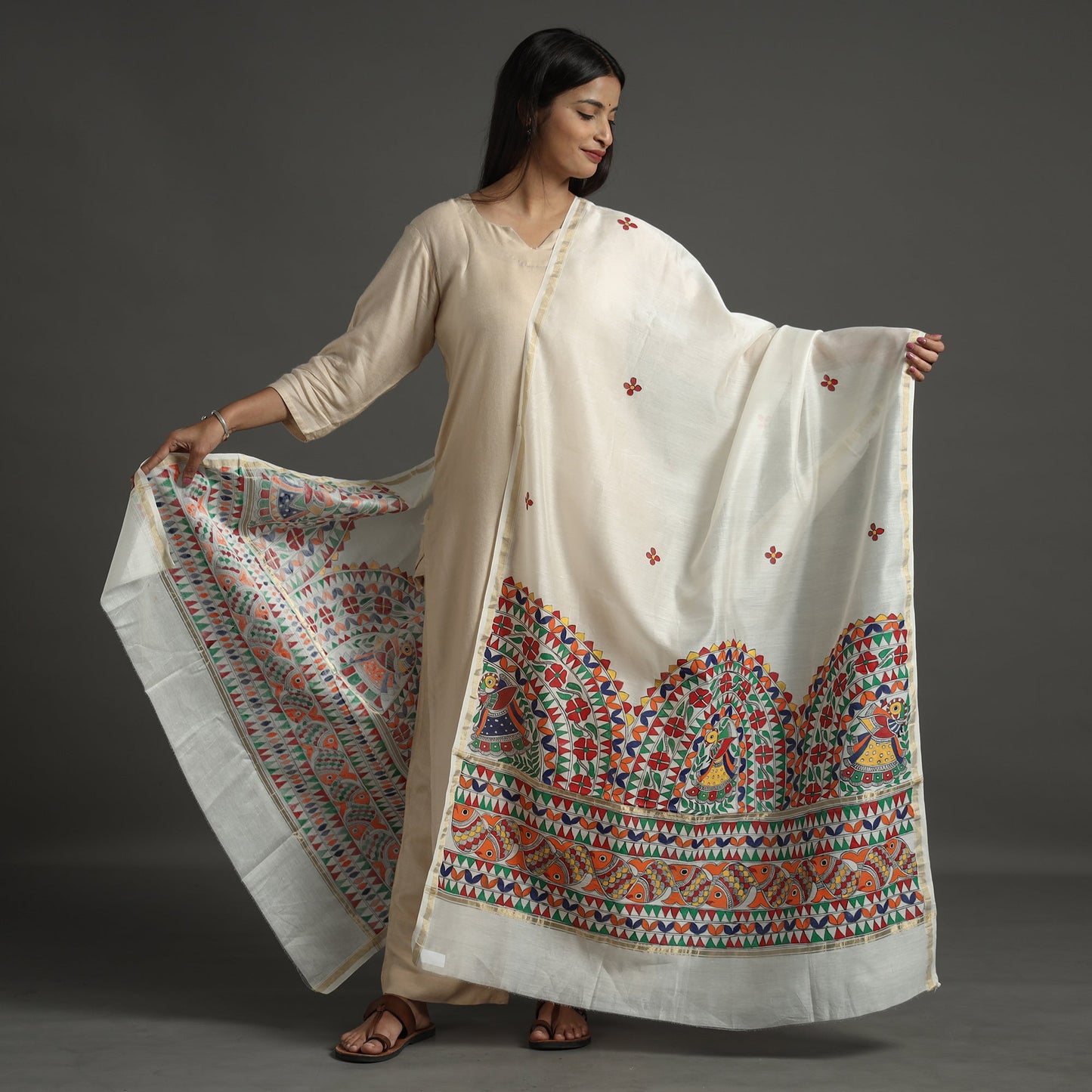 White - handpainted chanderi silk handloom madhubani