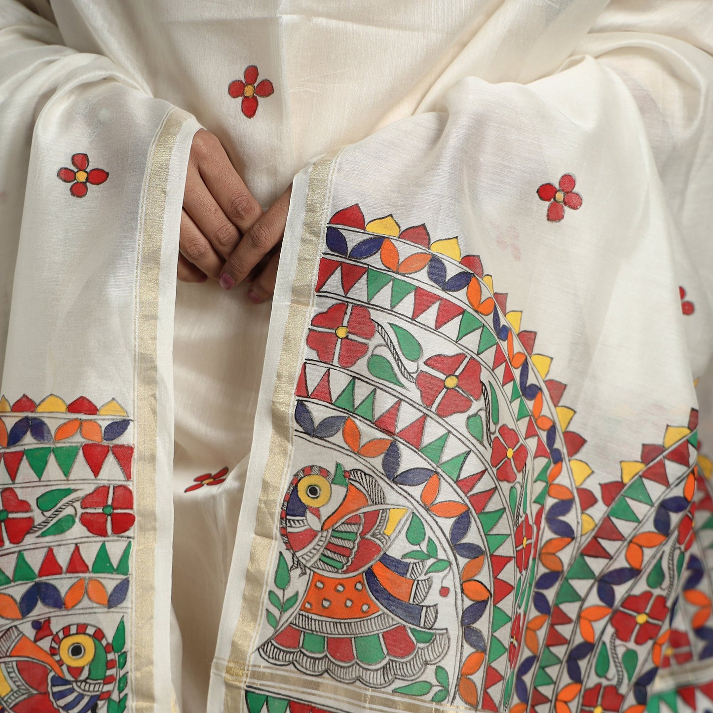 White - handpainted chanderi silk handloom madhubani