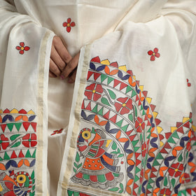 White - handpainted chanderi silk handloom madhubani